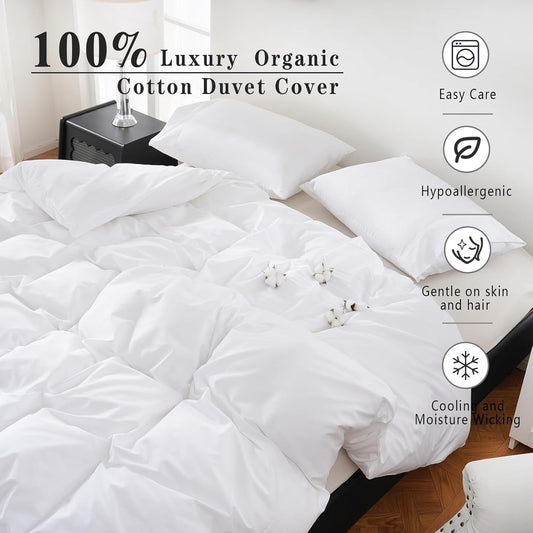 100% Organic Cotton Duvet Cover King 400 Thread Count Sateen Comforter Cover Soft and Breathable Cooling Bedding Set 3 Piece（White,King）