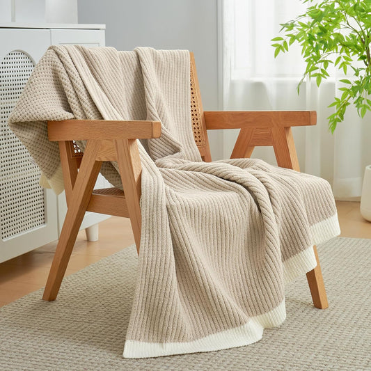 Amélie Home Chenille Waffle Throw Blanket for Couch, Reversible Soft Cozy Knit Blanket Lightweight Warm Decorative Throw for Sofa, Bed, Living Room, 50"x60", Beige